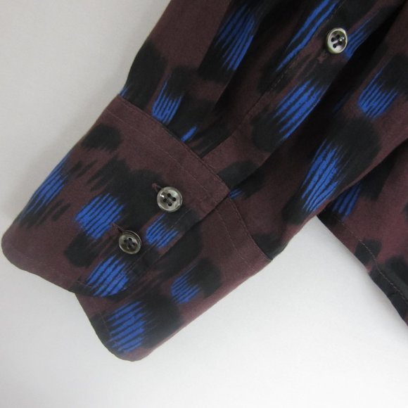 J. Crew Perfect Shirt Womens 10 Blue Brown Animal Print LS Silk Cotton Blouse - Picture 3 of 9